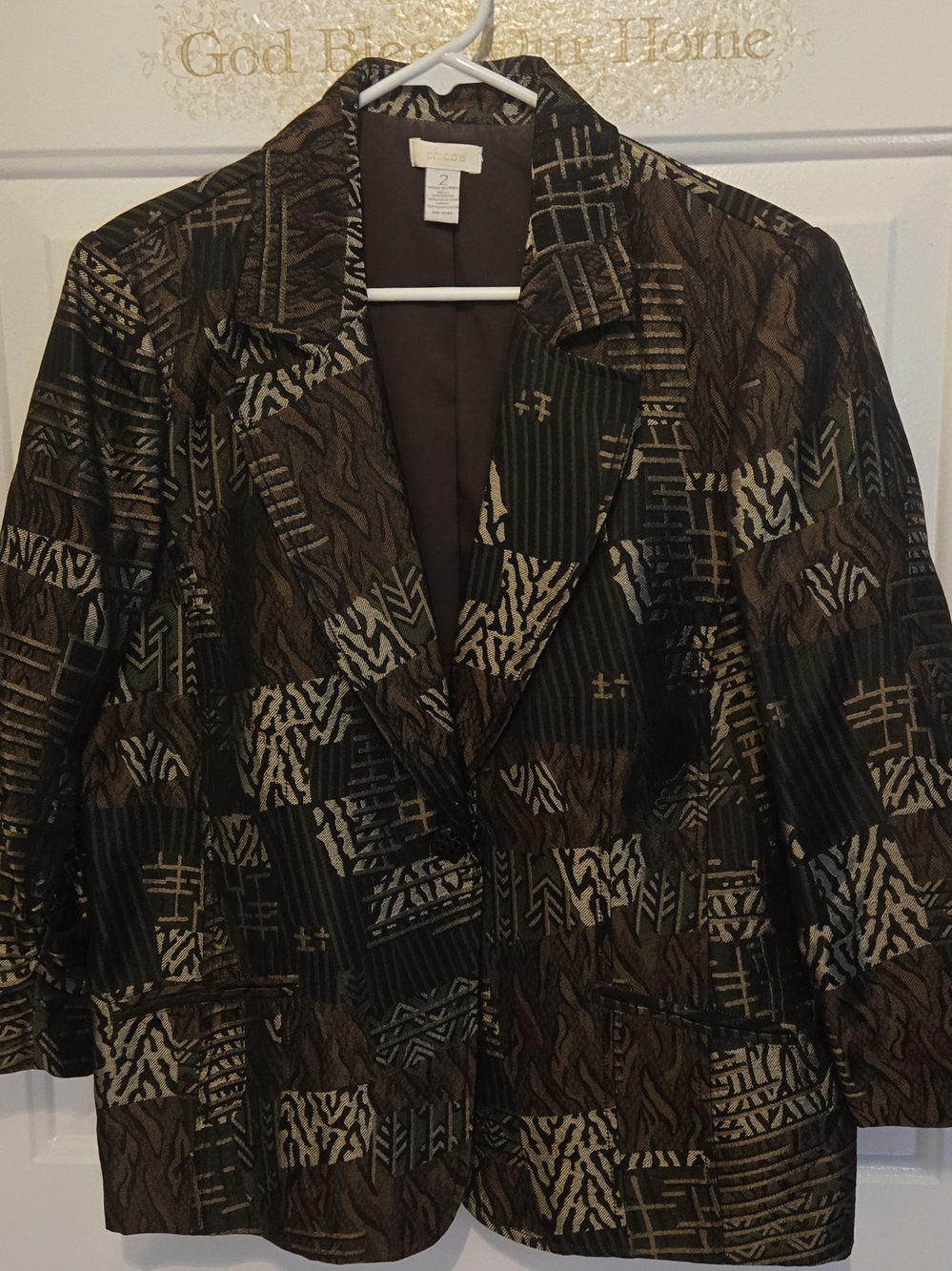 Chico's Vintage Inspired Metallic Abstract Geometric Tapestry Blazer Size L